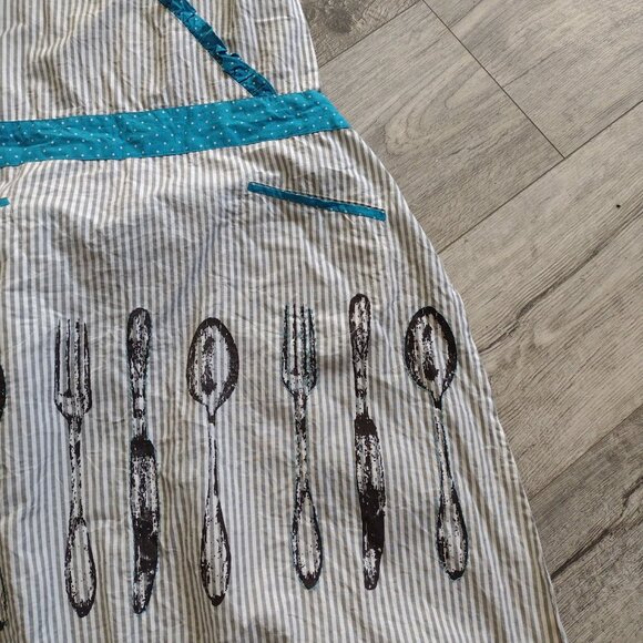 Sur La Table Kitchen Apron Novelty Striped Polka Dots Gray Blue - Picture 5 of 7